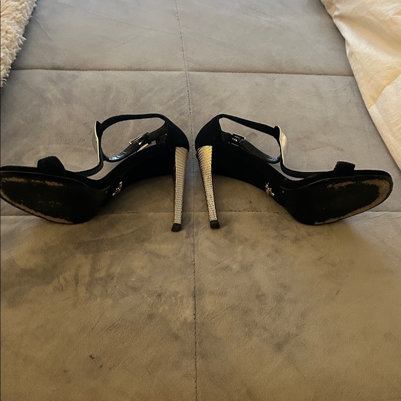 Prada Black Suede and Gold T-Strap Heels - Picture 2 of 4